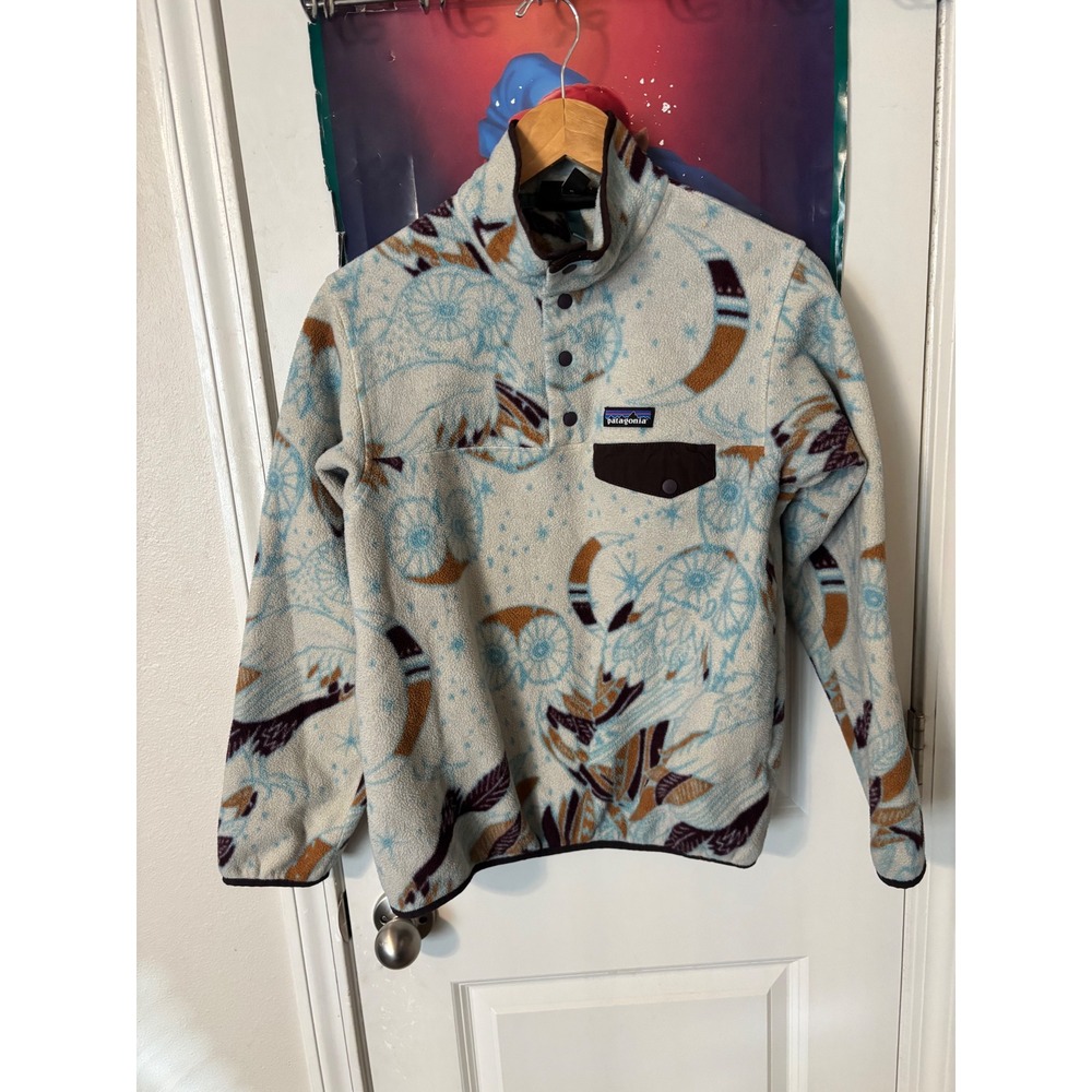 Patagonia Synchilla Snap-T Fleece Pullover Dreamcatcher Owl Print Cream Womens M